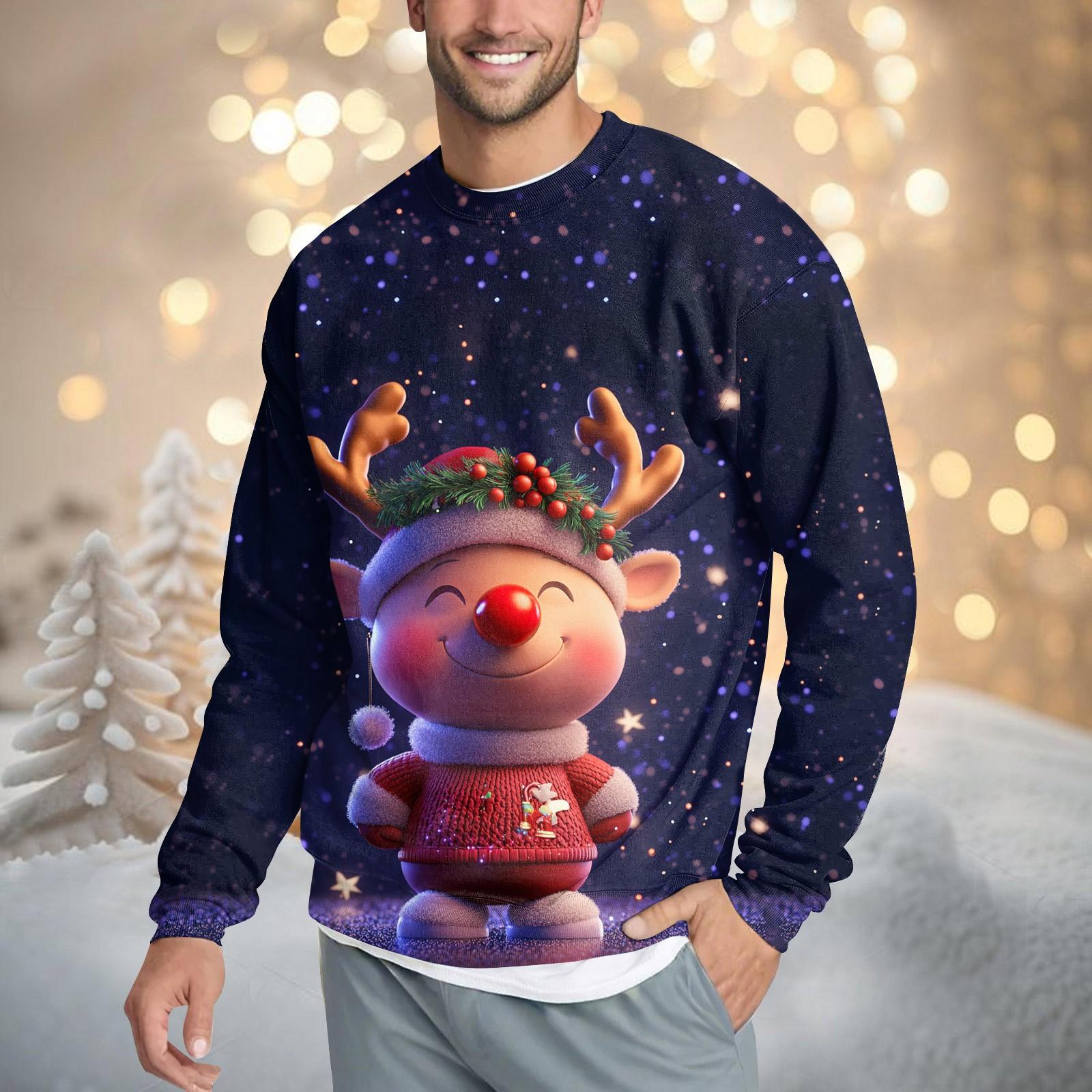 

Чоловічий повсякденний модний зручний пуловер з принтом різдвяних оленів і круглим вирізом Світшот XXL Темно-синій