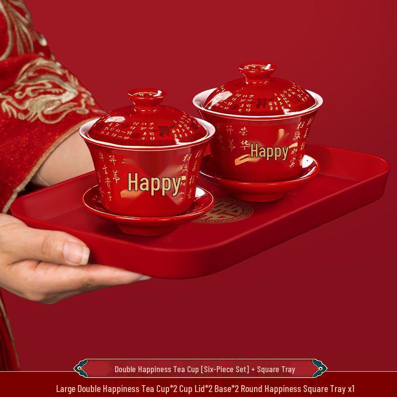 Ensemble de tasses à thé de mariage Double Bonheur: Service à thé rouge avec bol, baguettes et une paire de tasses - Parfait pour les cadeaux de mariage et la dot.