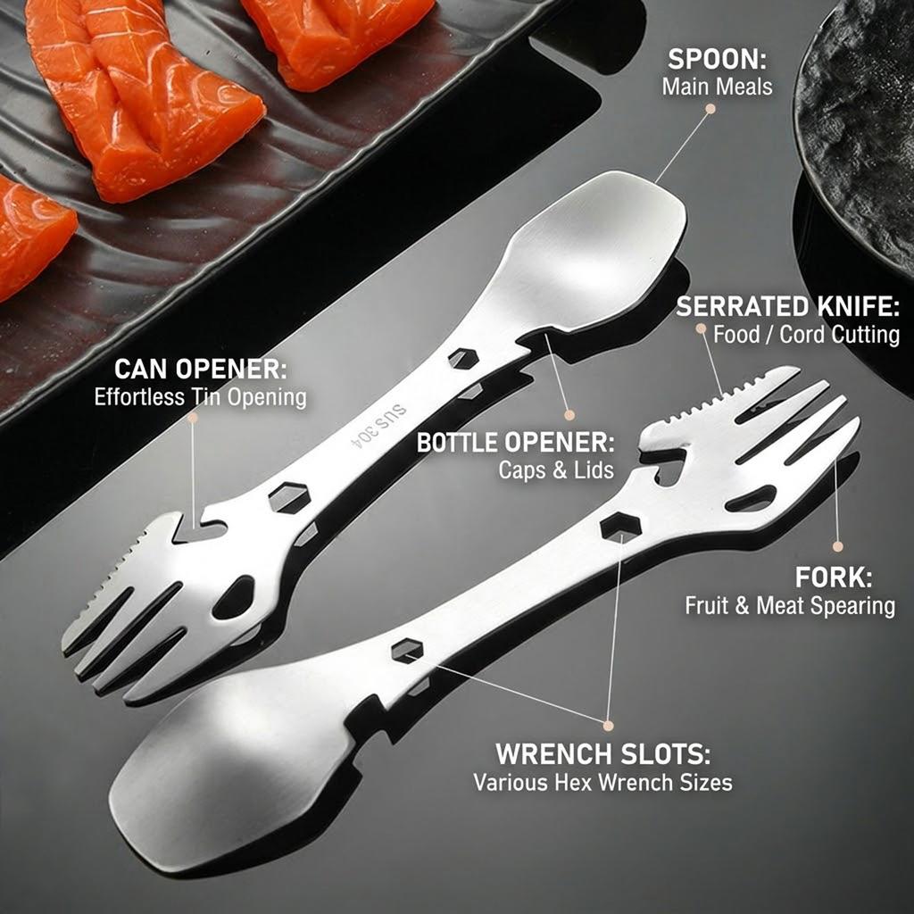 Portable Outdoor Utensil Stainless Steel 304 Fork Spoon Bottle Opener All in One For Camping Hiking Picnic Tableware