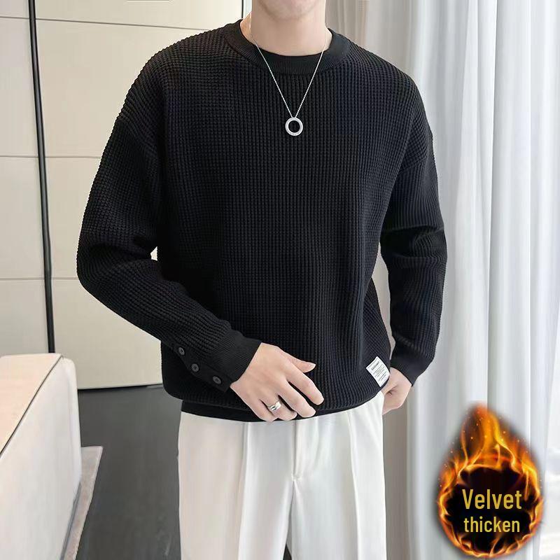 Men's Waffle Sweatshirt - Fleece-Lined, Loose Fit, Warm Autumn/Winter Trendy Top