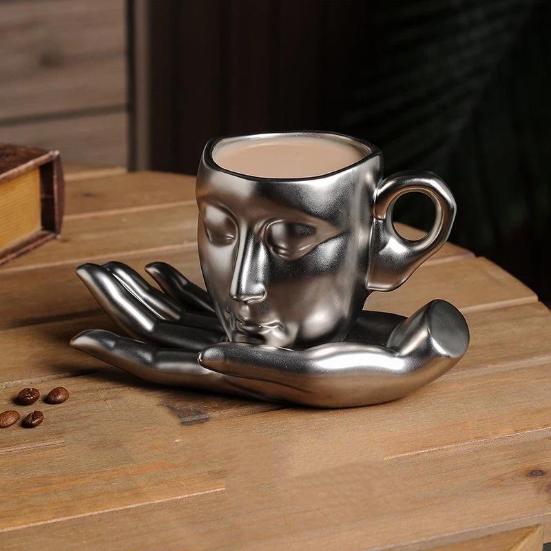 European Vintage Ceramic Coffee Mug Set – Creative Face Couple Coffee Cups Silver