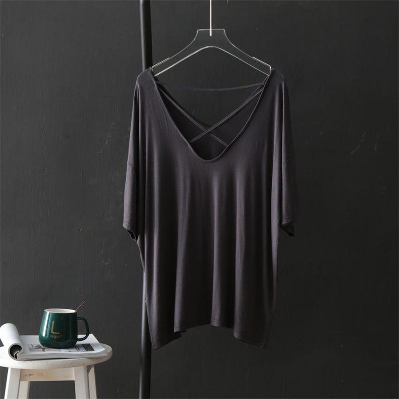 Short Sleeved T-shirt Women's Summer Thin Loose Casual Base Shirt V-neck Backless Irregular Top