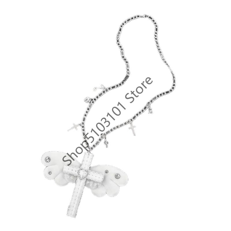 

X6HE Fashion Statement Demons Wing And Crucifix Charm Necklace Adjustable Clavicle Chain Accessory For Trendy Girls
