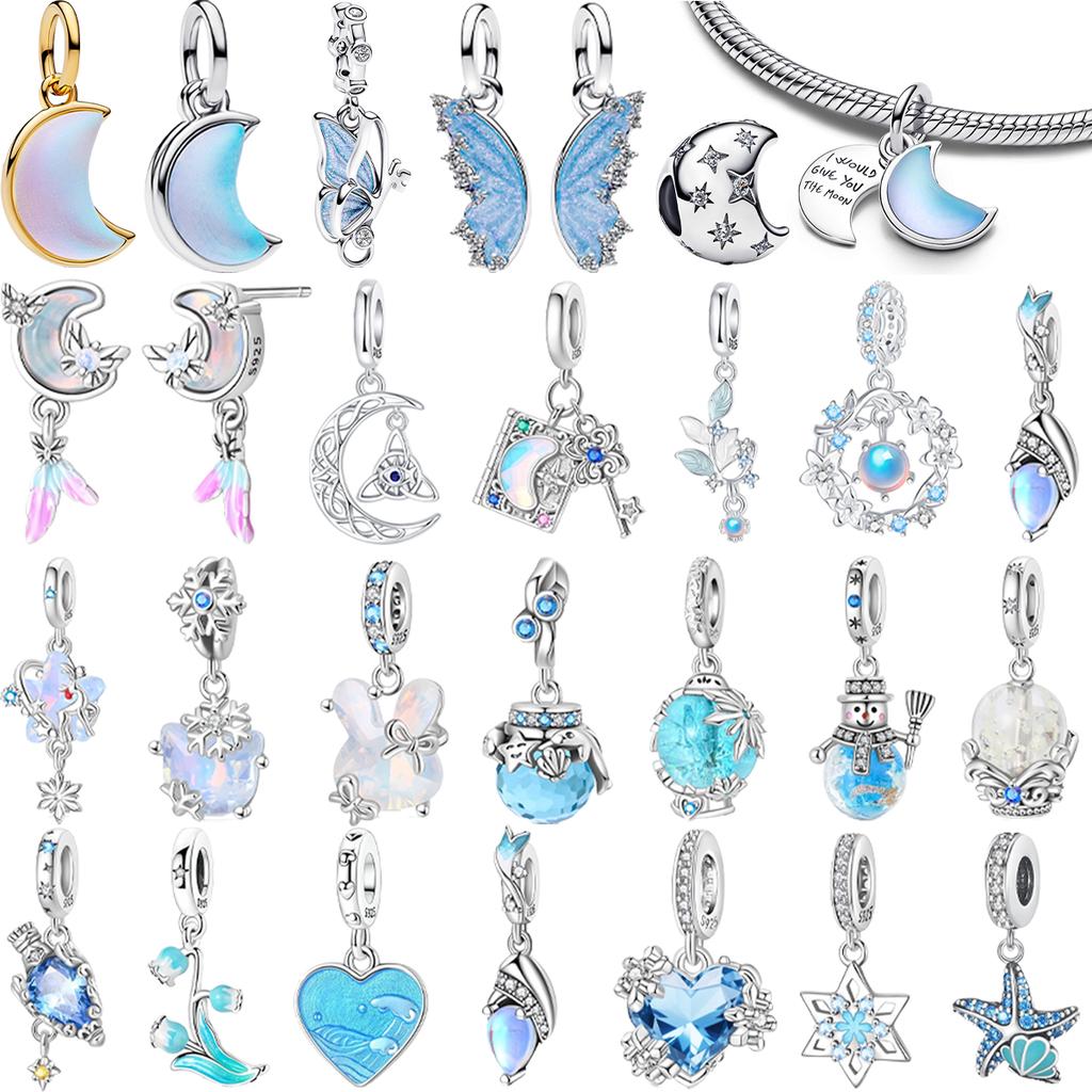 Nuevos Abalorios Originales Cobre Azul Luna Mariposa Bolas de Cristal Colgantes Ajuste Pulsera Collar Joyería DIY Regalo