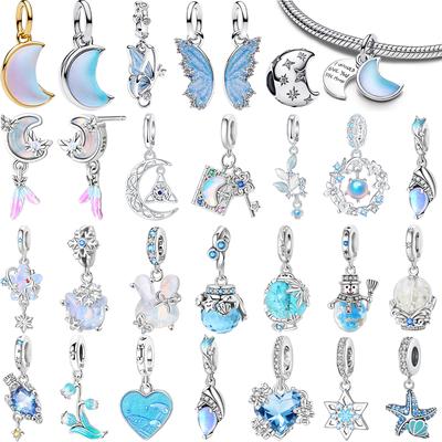 Nuevos Abalorios Originales Cobre Azul Luna Mariposa Bolas de Cristal Colgantes Ajuste Pulsera Collar Joyería DIY Regalo