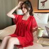 Linglei Summer Solid Color Square Neck Lace Sweet Loose Princess Wind Mesh Short Sleeve Pajama Set Loungewear