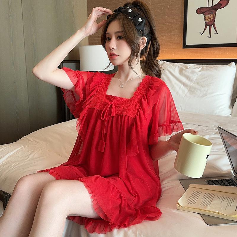 Linglei Summer Solid Color Square Neck Lace Sweet Loose Princess Wind Mesh Short Sleeve Pajama Set Loungewear