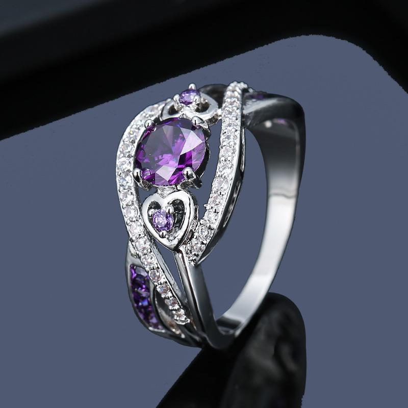 European  American Heart-Shaped Diamond Couple Ring - Metal Hollow Design, Inlaid Temperament Jewelry, Niche Style Size 8