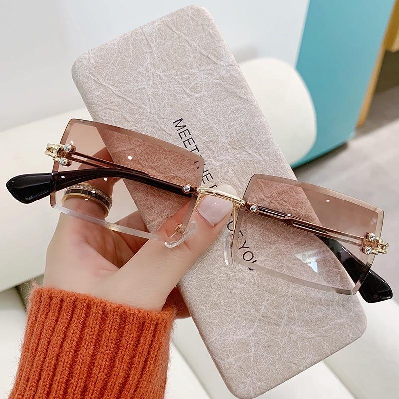 2PCS Small Square Cut Edge Sunglasses for Women Fashion Frameless Gradient Sunglasses for Sunshade for Men