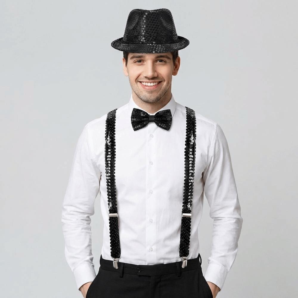 Performance Sequined Hat Solid Color Suspenders Fashion Performance Props Set  Christmas