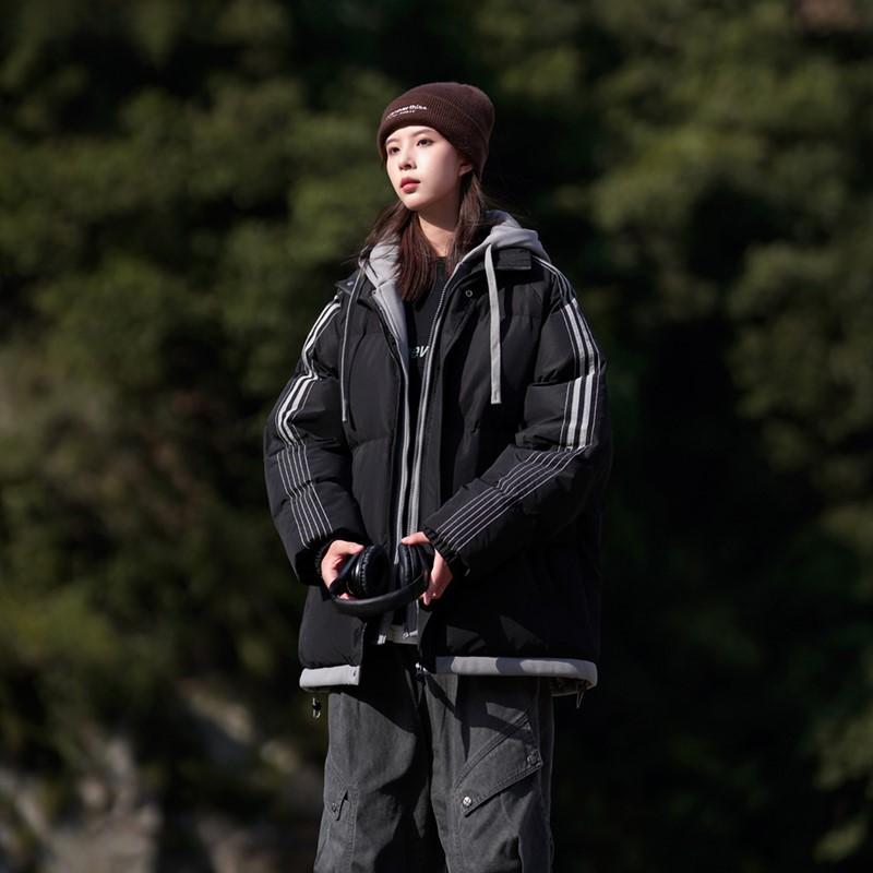 Striped Contrast Color Fake Two-piece Hooded Down Cotton Coat for Women Winter New Cotton Coat Thickened Cotton Jacket