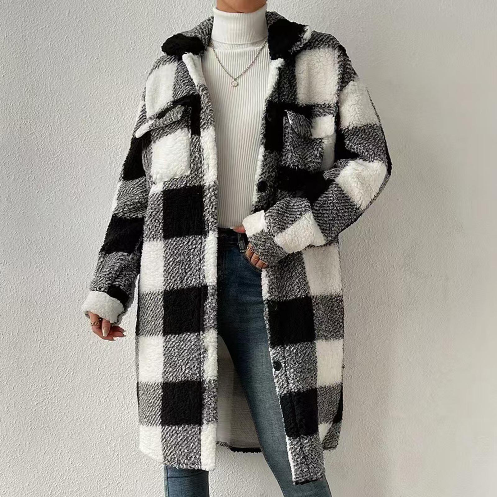 

Женский клетчатый двусторонний плюшевый кардиган на пуговицах с накладным карманом, повседневный топ-жакет XL чёрный