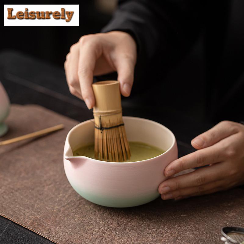 Gradient Pink Green Tea Set Complete Set Japanese Matcha Set Kit Tea Soaking Bamboo Tranditional Tea Sets Kitchen Bar Supplies