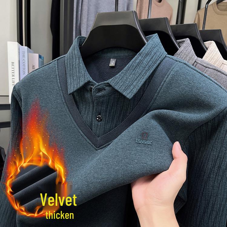 2025 Winter Men's Faux Two-Piece Sweater: New Thick Knit with Shirt Collar and Warm Velvet Layer