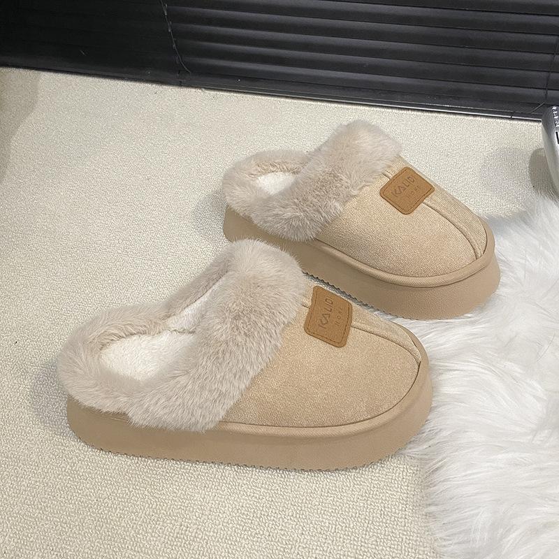 Women's Baotou plush slippers padded warm winter thick bottom heightened home slippers casual walking indoor shoes snow cotton slippers