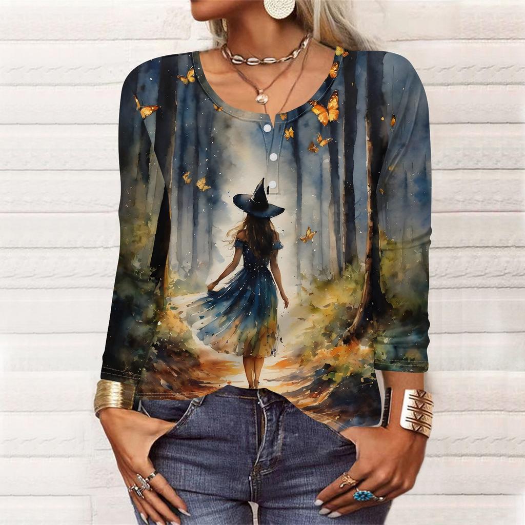 Langermede skjorter for kvinner Halloween-mønstret trykk grafisk t-skjorter bluser casual pluss størrelse basis topper genser