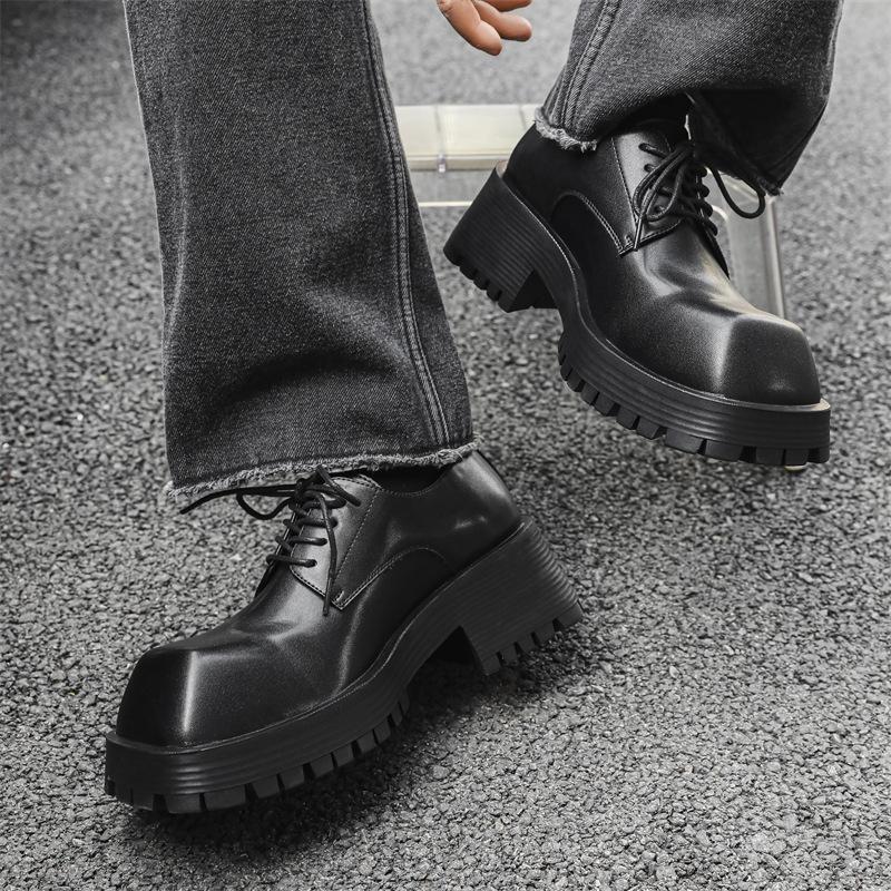 Men Fashion Original Leather Shoes  Designer Square Toe Shoe Punk Rock Dress Black Trendy Platform Sneakers Youth Footwear