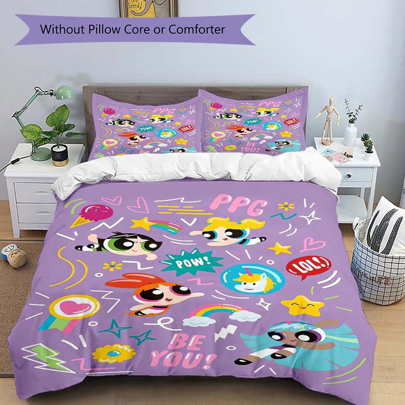 3-teiliges Powerpuff Girls Motiv Bettwäsche-Set, Weiche und Bequeme Bettbezug für Schlafzimmer, Gästezimmer (1 Bettbezug + 2 Kissenbezüge, Kissenkern N