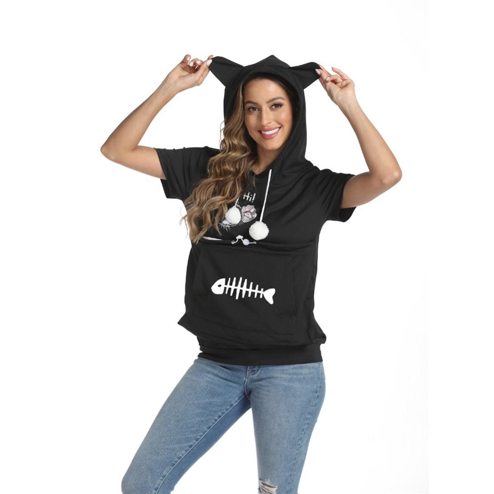 Women's summer short-sleeved large pocket cartoon printed casual drawstring hooded T-shirt