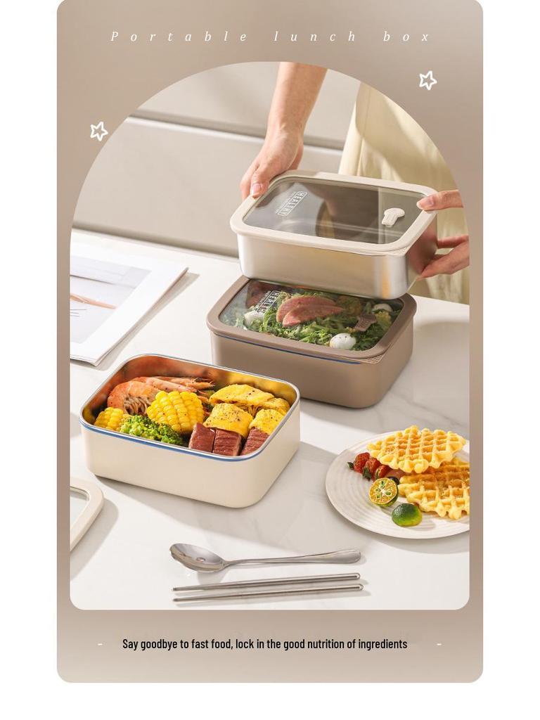 Korean Square 304 Stainless Steel Lunch Box with Airtight Glass Lid - Microwave Safe