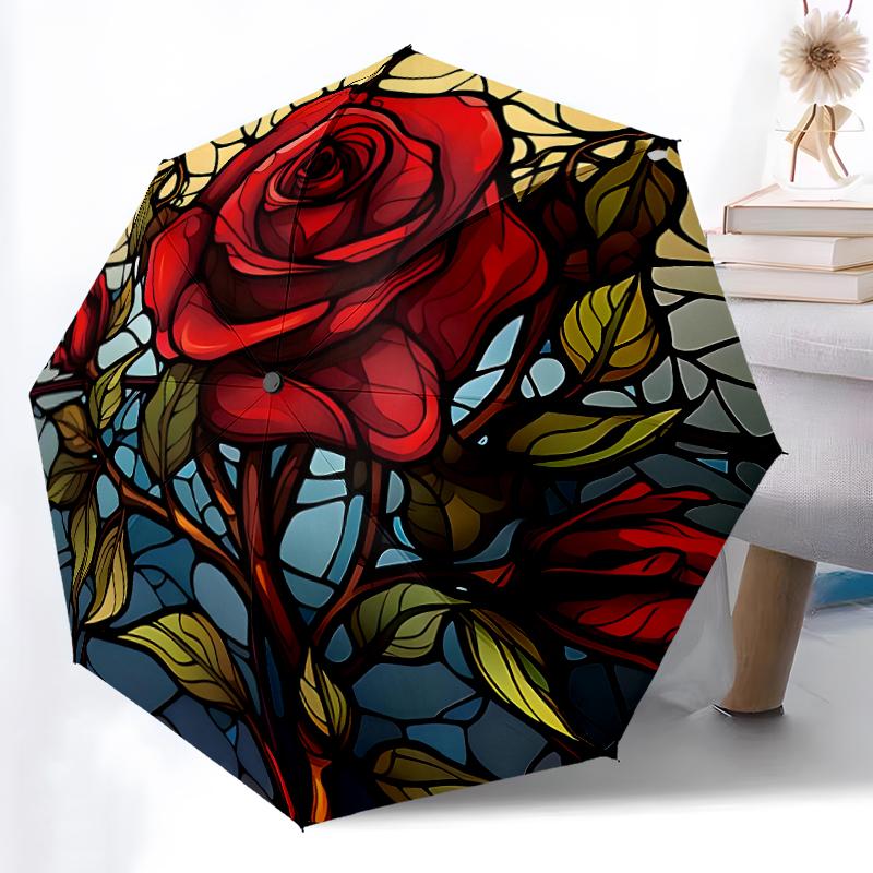 

1pc Sturdy 8-Bone Auto Umbrella, Valentine s Day Rose Umbrella, Digital Printed, Foldable Umbrella for On-the-Go Outdoor Use