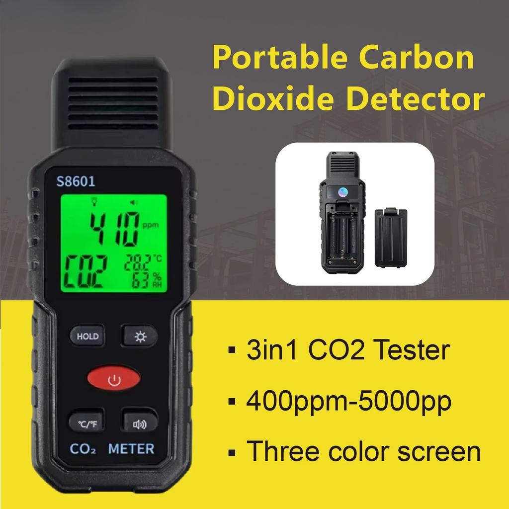 Portable Handheld CO2 Detector 400-5000ppm Carbon Dioxide Meter Air Quality Monitor Temperature Humidity Sensor with Alarm Digital Display for Home