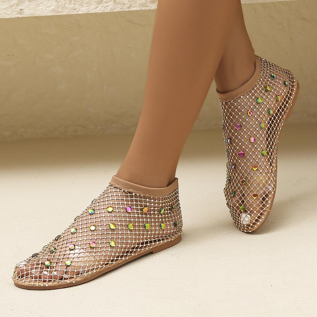 Fashion Low-cut Women's Flat Sandals Summer Mesh Hollow Breathable Outdoor Beach Fashion Rhinestone Decorative Baotou Sandals.