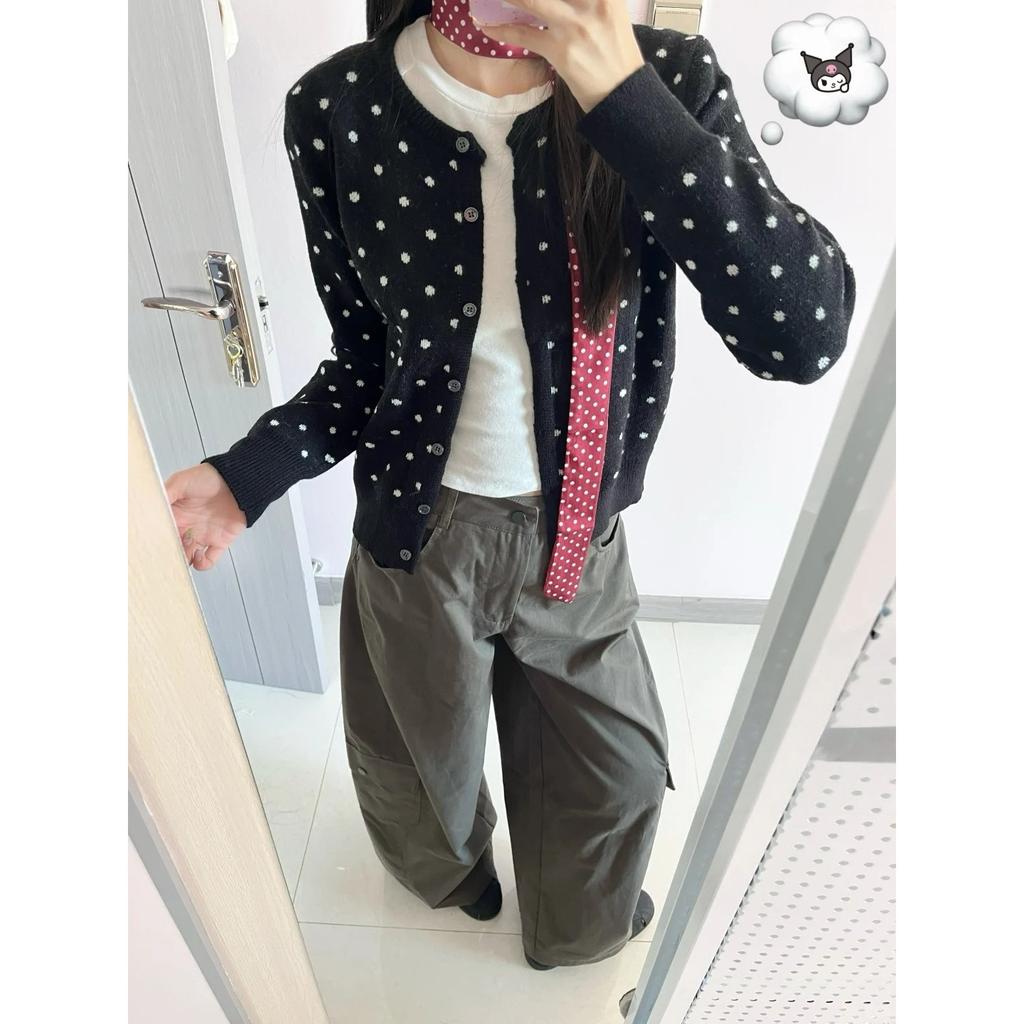 Temperament Contrasting Polka Dot Knitted Cardigan Women's Spring and Autumn Niche Lazy Style High-end Sweater Button Jacket Top