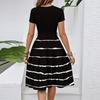 Women's Casual Fashion Belted Striped Printed Short Sleeve Round Neck Elegant Flowing Dress