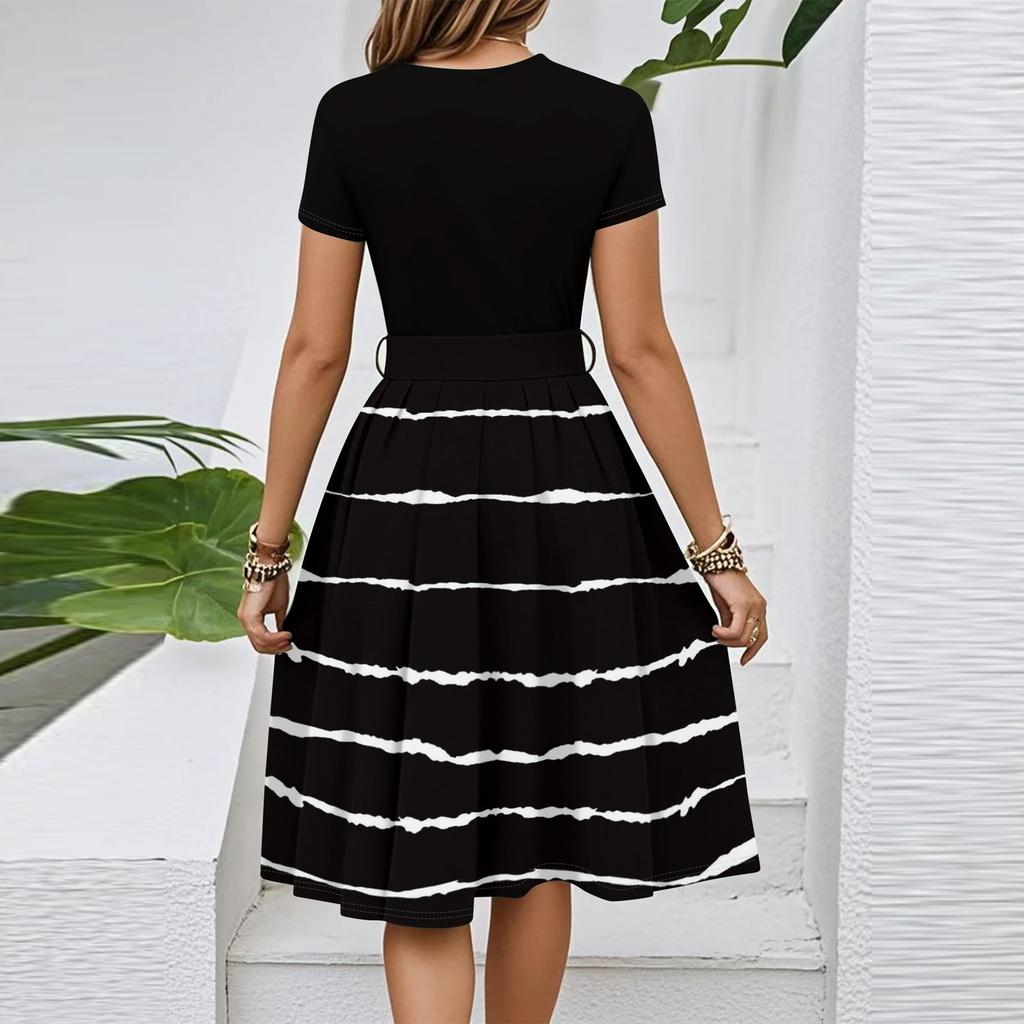 Women's Casual Fashion Belted Striped Printed Short Sleeve Round Neck Elegant Flowing Dress