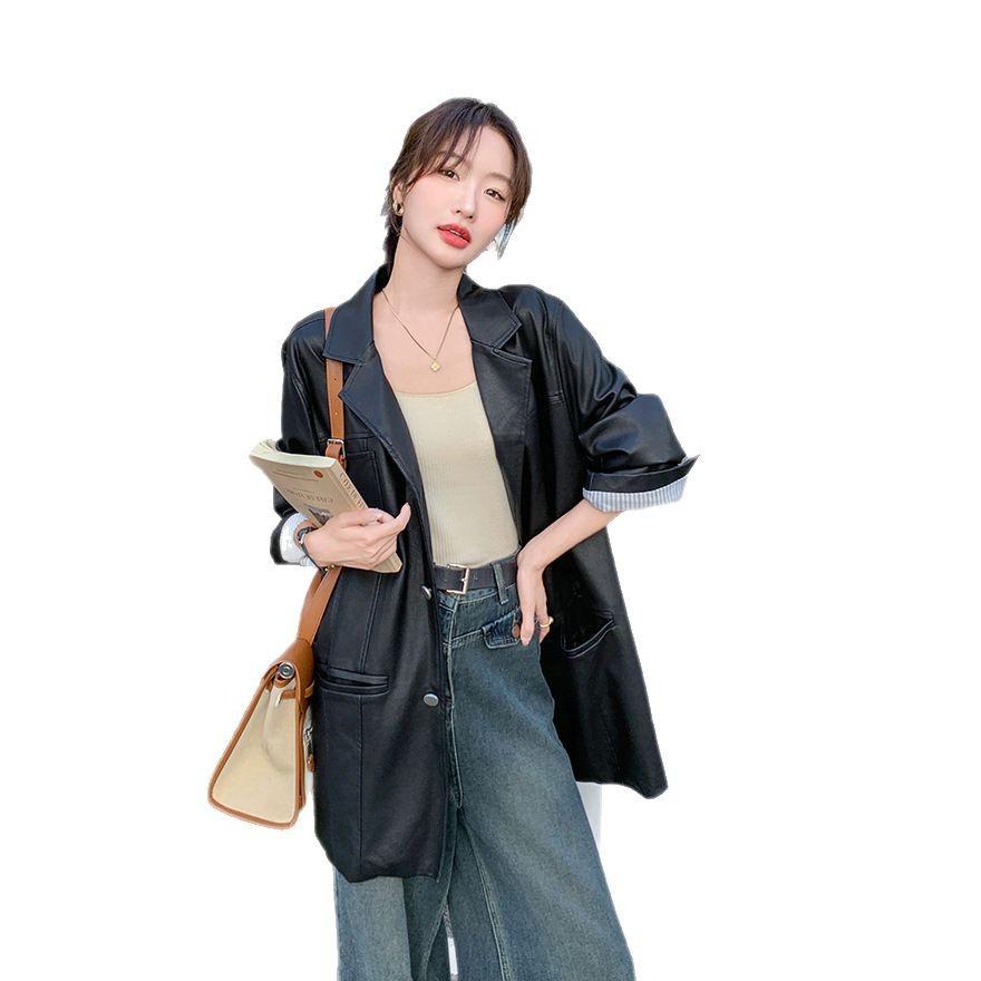 Spring and Autumn New Small Popular Jacket Super Good-looking Black Leather Jacket Women's Medium and Long