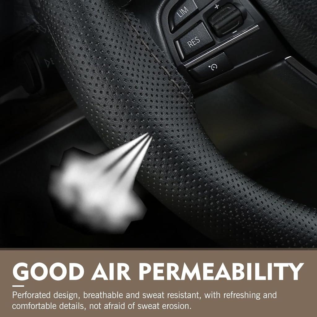 Leather Steering Wheel Cover, 15 Inch Hand Sewing Steering Wheel Wrap, Anti Slip Car Steering Wheel Protector Covers, DIY Sewing with Needle Thread,