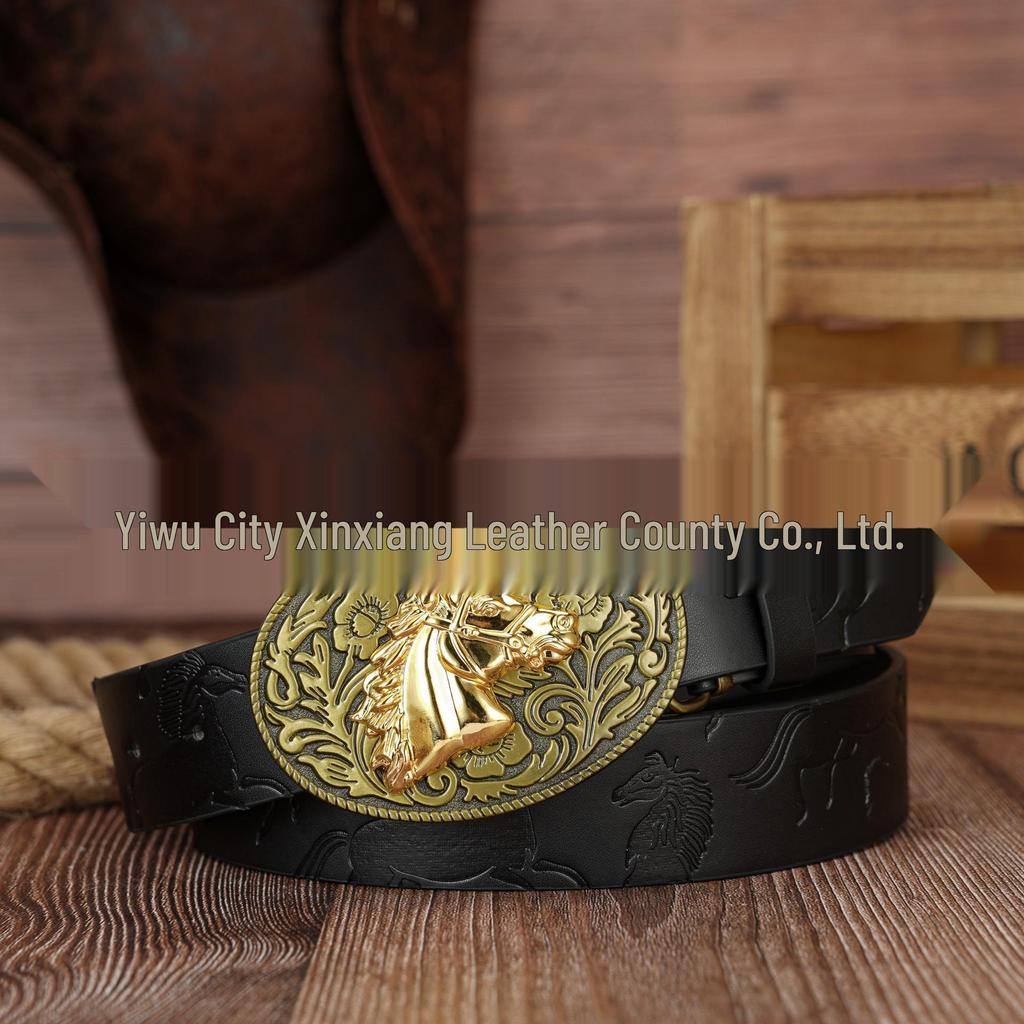 Cross Retro Green Leaf & Flower Embossed Leather Belt with Bronze Bull Head