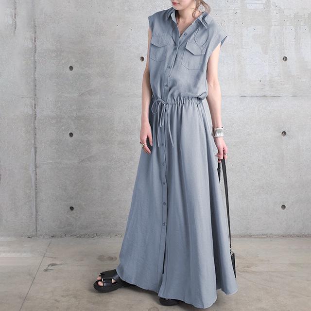Women's Spring/Autumn Turn-Down Collar Maxi Shirt Dress - Long Sleeve, Solid Color, Casual