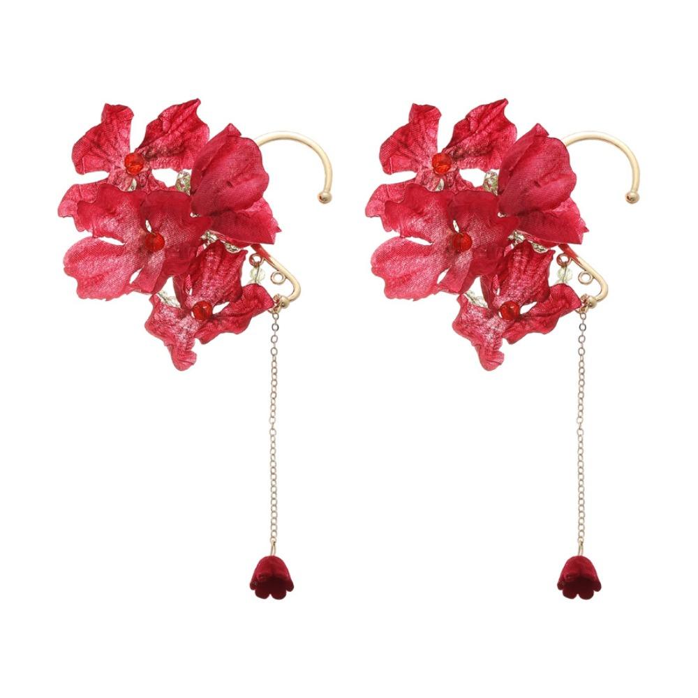 Sweet Gold Color Ear Hanging Red Flower Tassel Jewelry Accessories  for Women Girls