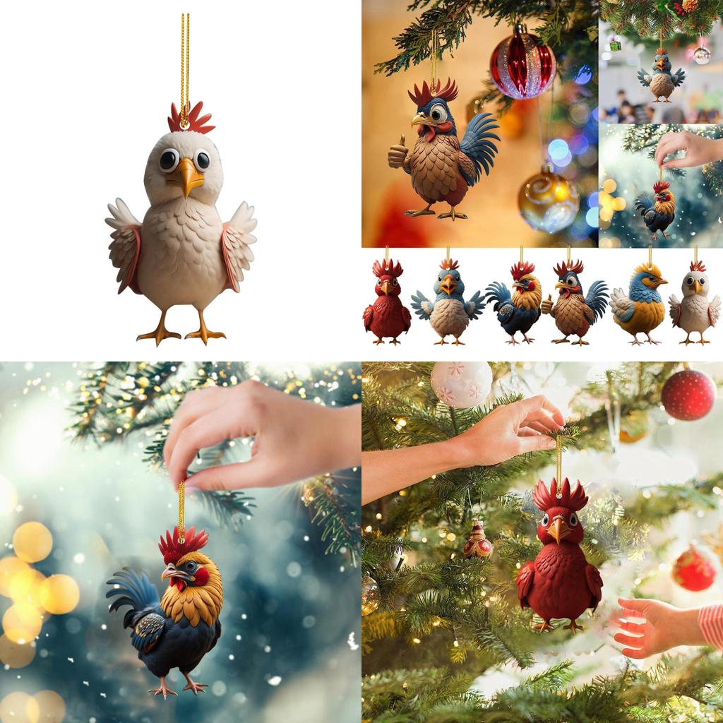 Adorable Acrylic Christmas Cartoon Chicken Car Pendant For Festive Holiday Decor