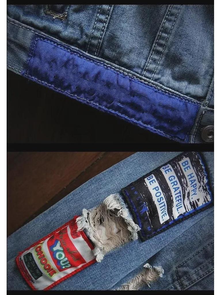 Herren Ripped Jeansjacke: Trendige japanische Retro-Mode, Streetstyle mit gesticktem Etikett, Schickes Workwear-Oberteil