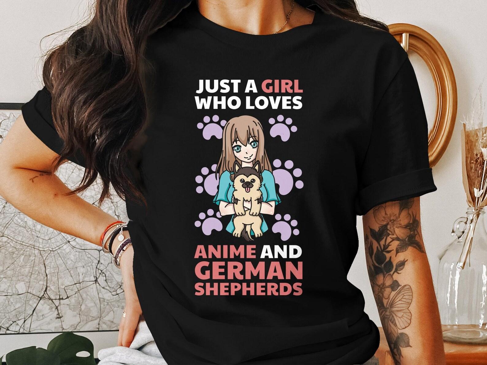 Anime Girl and German Shepherd T-Shirt, Cute Dog Owner Tee, Cartoon Graphic Shirt for Pet Lovers S