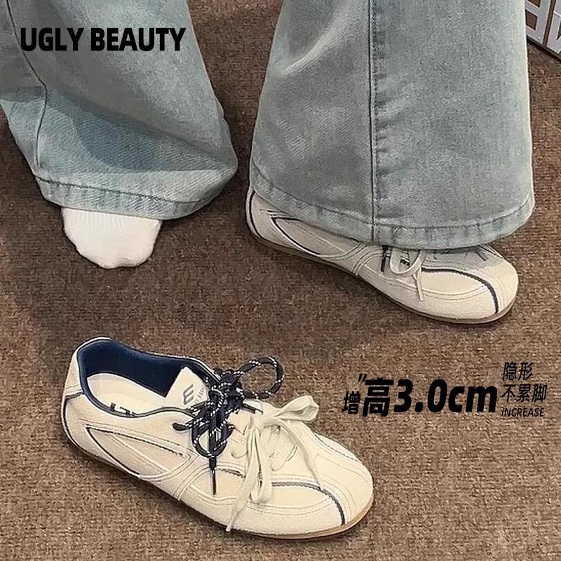 Cowhide Version~ Flat Bottom Inner Height Increase Retro Forrest Gump Shoes Round Head Casual Shoes Women's Lace-up German Training Shoes Sports Trend