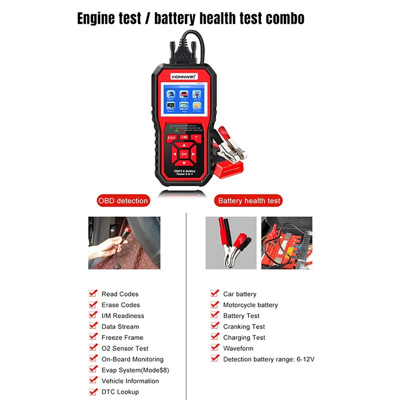 KONNWEI KW870 6V 12V Car Motorcycle Battery Tester OBD2 Diagnostics Tool Scanner 2 in1 Cranking Charging Test Tools for the Car