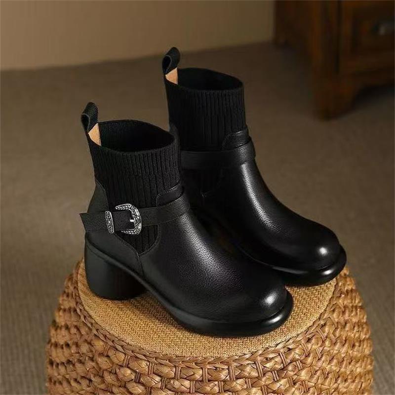 Thick-soled Women's Shoes,Soft Leather, Chunky Heels, Slim Stretch Boots, New High-heeled Ankle Boots
