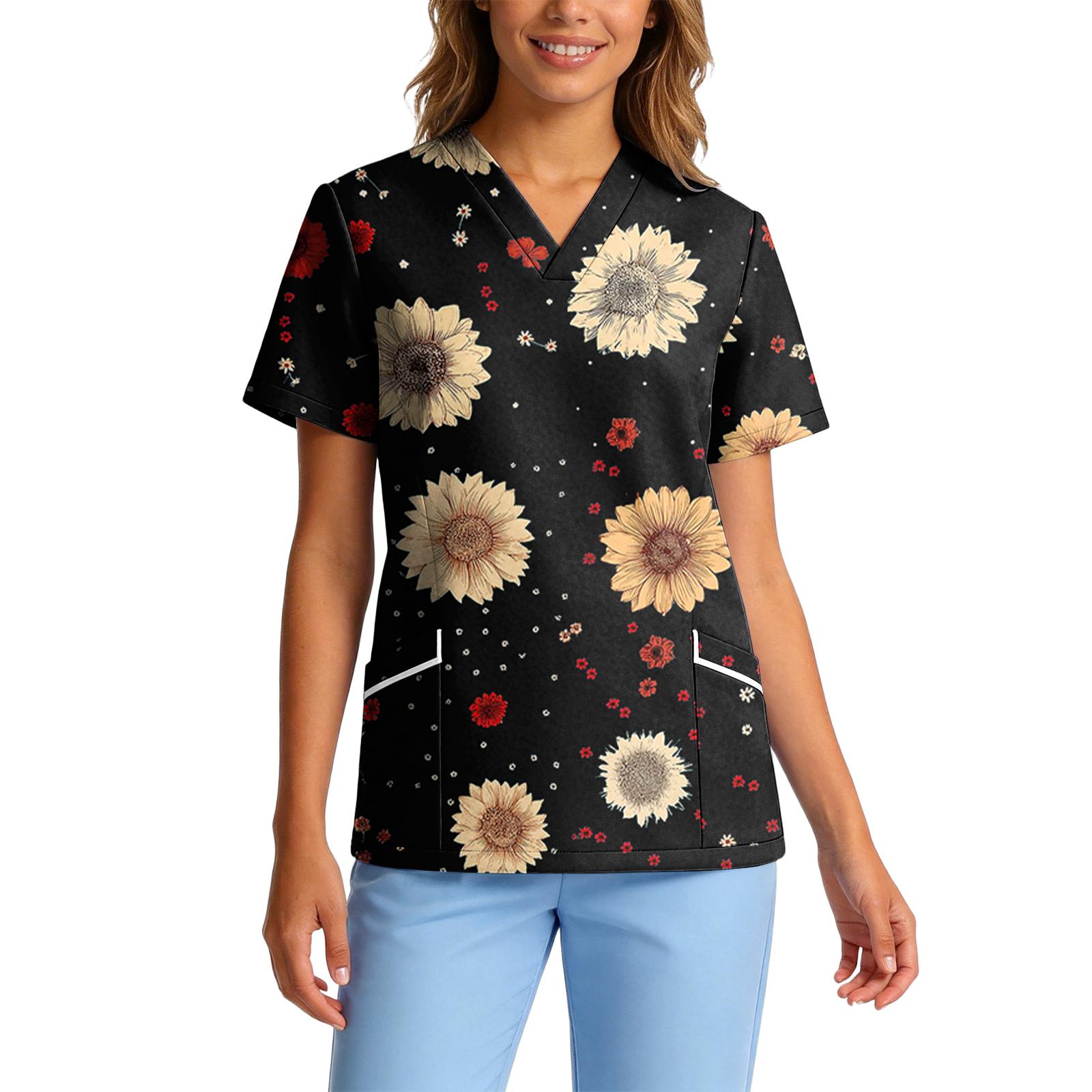 

Women s Stretch Quick-Dry V-Neck Short Sleeve Workwear Top with Botanical Floral Print & Pockets L чёрный