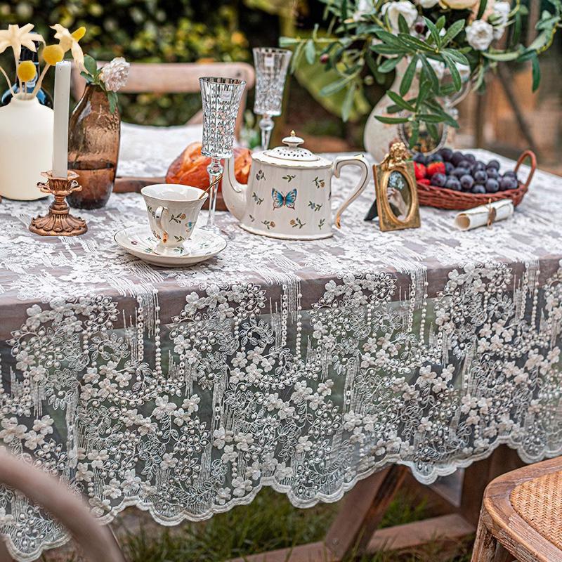 White Embroidered Table Cloth French Lace Tablecloths Vintage Coffee Dining Table Cover Rectangle Home Decoration