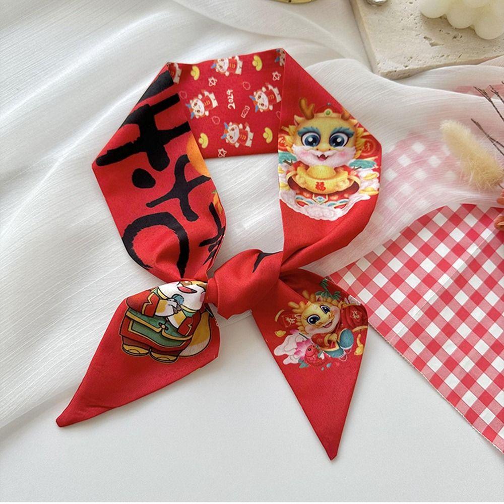 Printed New Year Red Silk Scarf New Year Scarves Scarf Hair Band Long Scarf  New Year Decoration