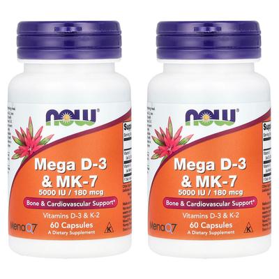 Now Foods Mega D-3 & MK-7 5000 IU / 180 Mcg Capsules, 60 Count, Twin Pack
