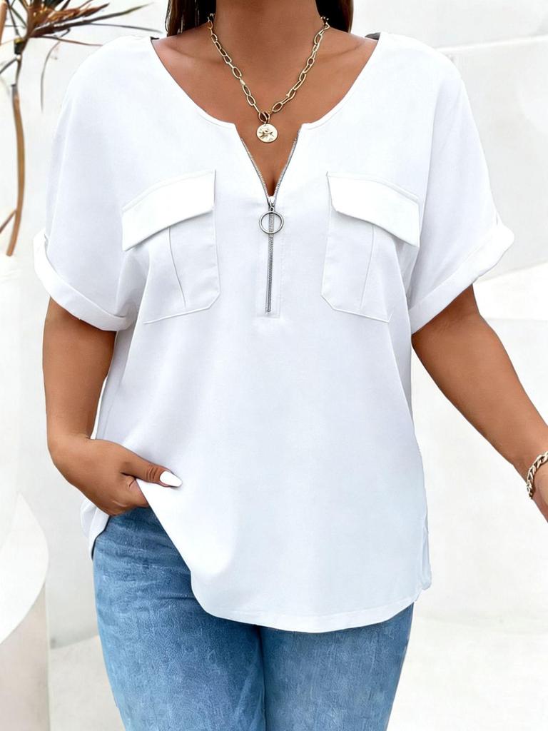 2026 Spring-Summer Solid Color Plus Size Women's Zipper Pocket Short Sleeve Loose T-Shirt