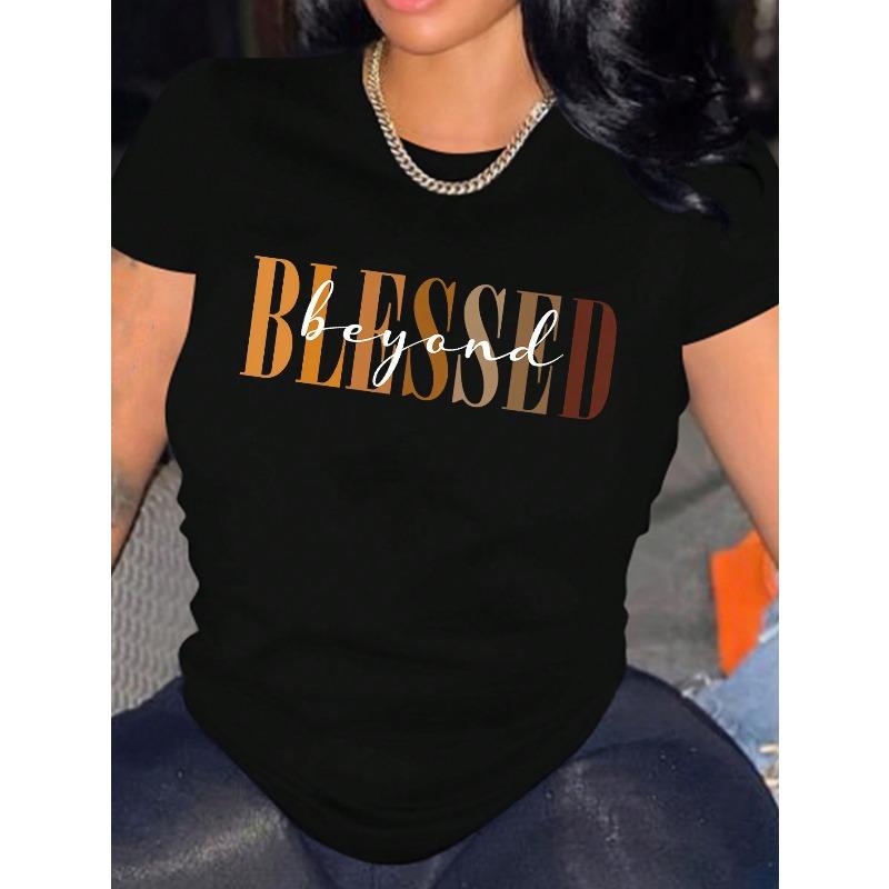 European Size Blessed Letter Print Crew Neck T-shirt, Casual Short Sleeve Top For Spring & Summer, Women's Clothing