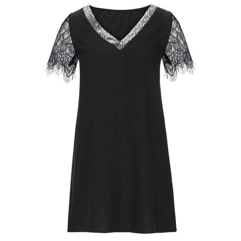 Women's Summer Clashing Colour Splicing Sequins V-Neck Lace Short Sleeve Loose Dresses