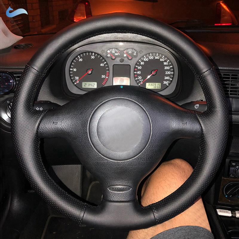 Černé Perforované Kožené Ručně Pletené Auto Vnitřní Kryt Volantu Trim Pro VW Golf 4 MK4 Passat B5 1996-2005 3-ramenný bez tlačítka