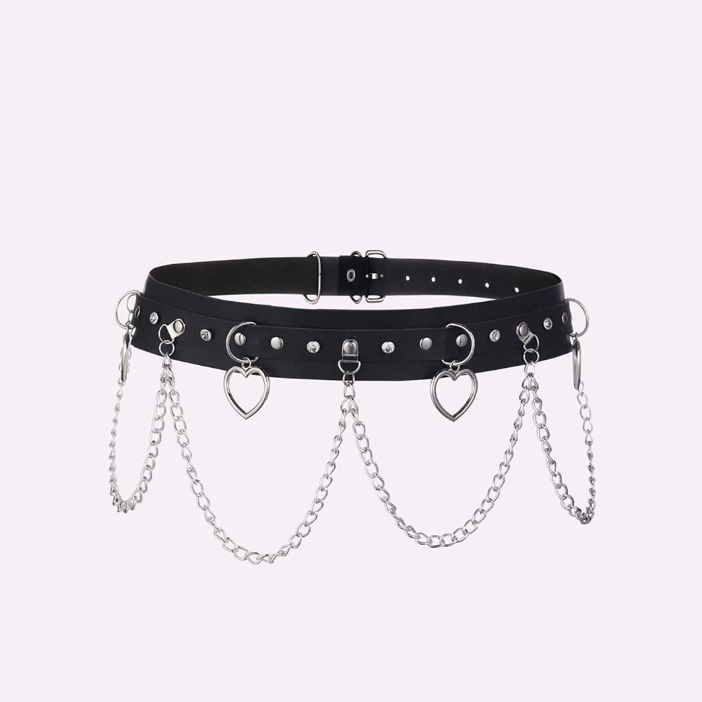 Moon Pendant Chain Fringe Goth Belt Punk Black PU Leather Belts Vintage Waistband For Women Girls
